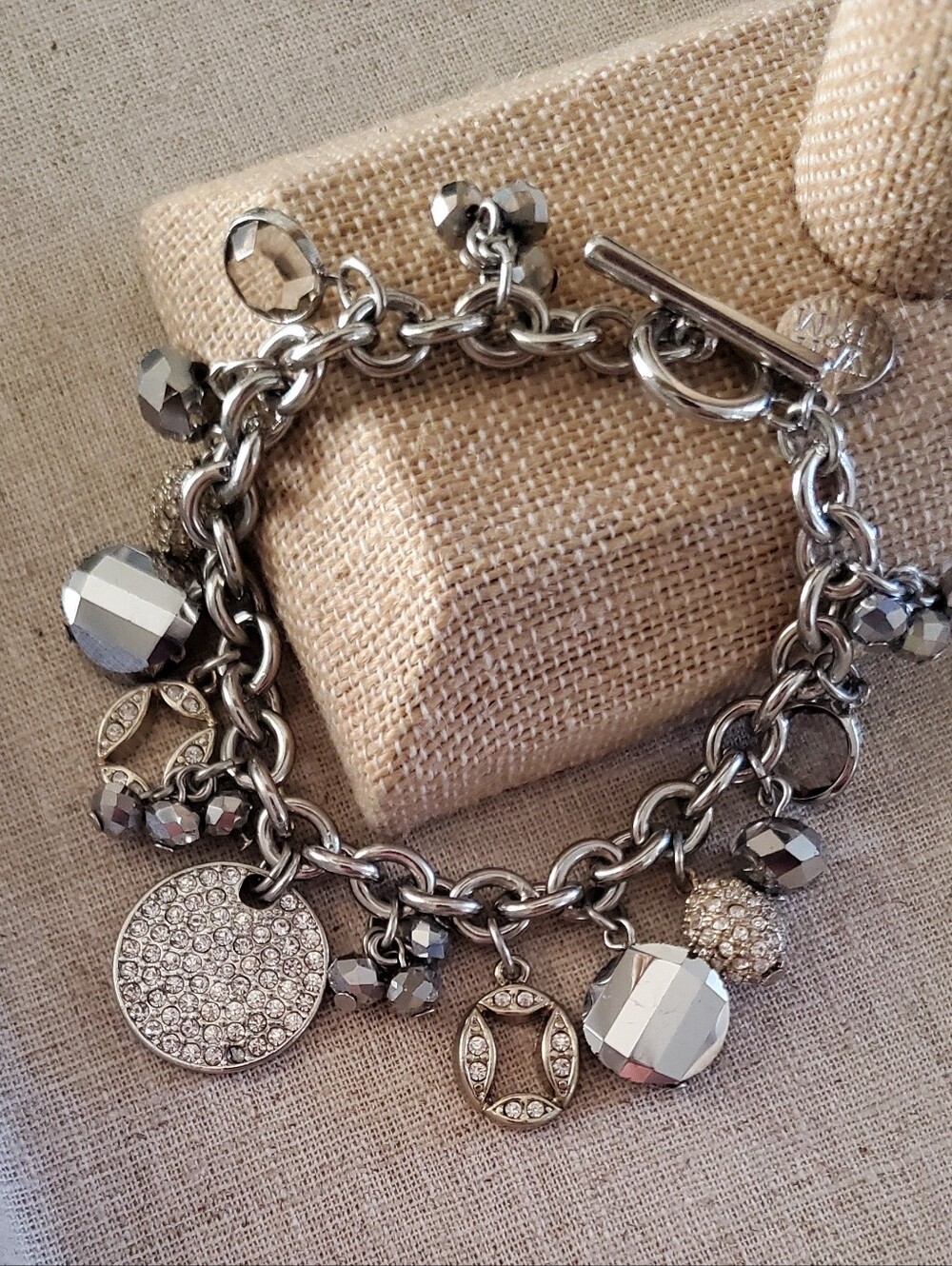 White House Black Market Crystal Charm Bracelet Silver Gunmetal Pavé Toggle